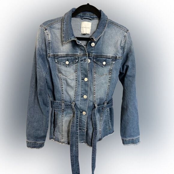 Vintage America 90s Denim Jacket M Belted Tie Waist Fringe Hem Western Boho - Picture 1 of 6